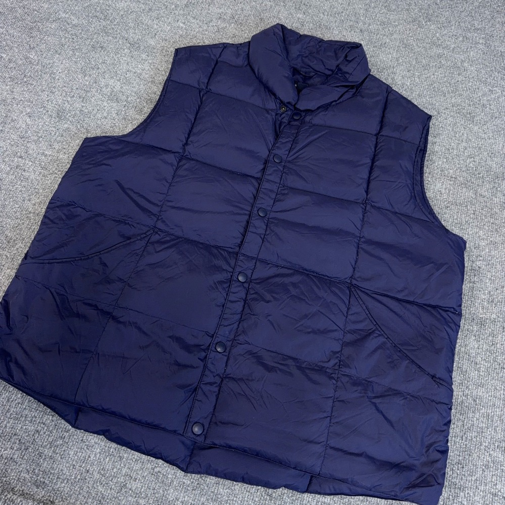 Lands End Puffer Vest Men XL Navy Blue Down Snap Up Outdoor Work Pockets